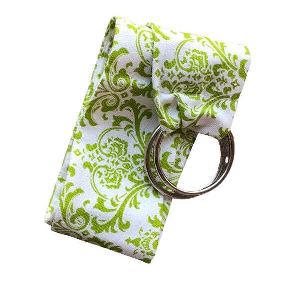 Womens Belt Chartreuse Lime Green Beige Damask Fabric Wide Round Rings NEW - Picture 1 of 5